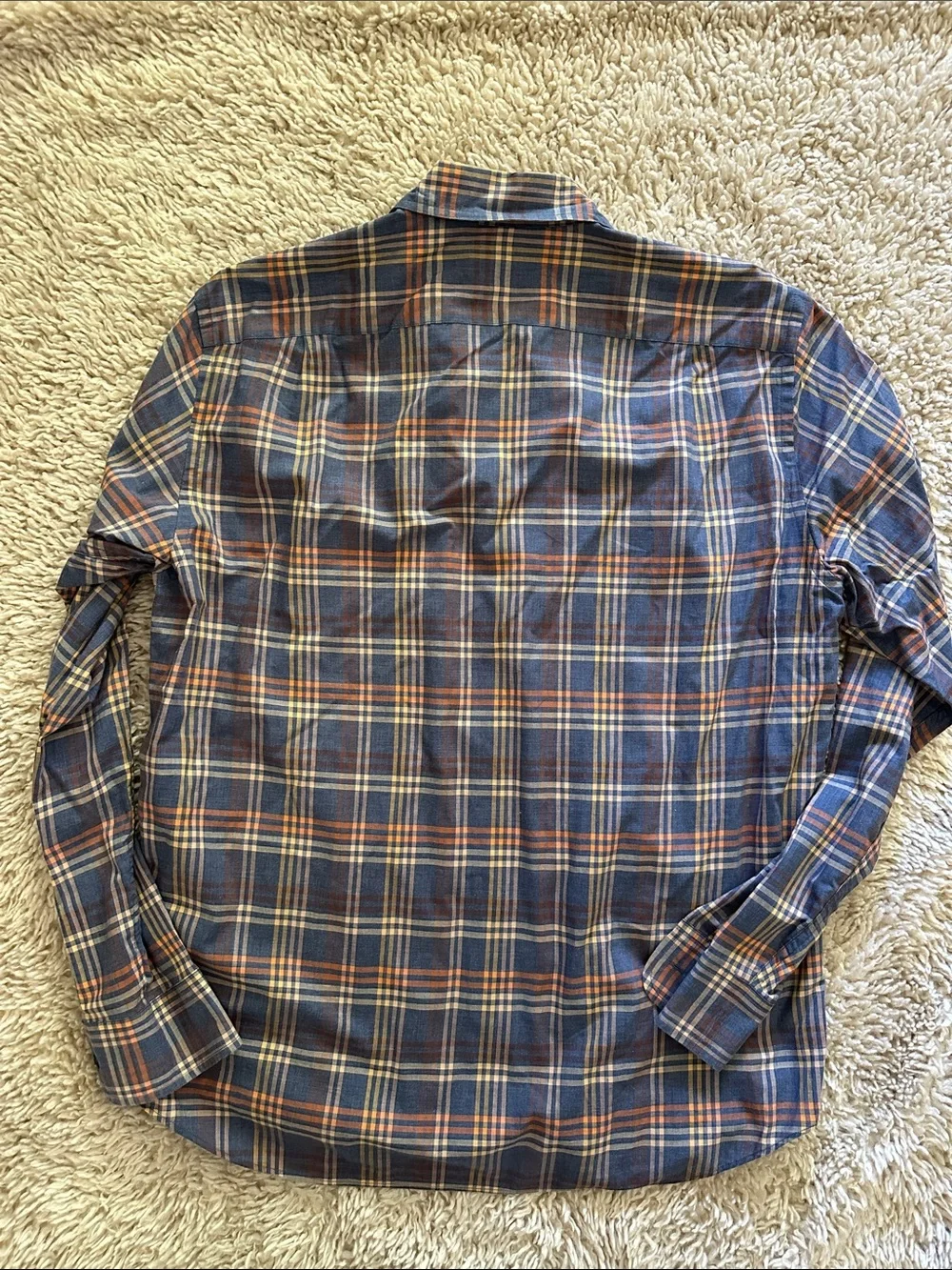 J. Crew Men's Blue Plaid Button-Down Shirt with Orange Accents